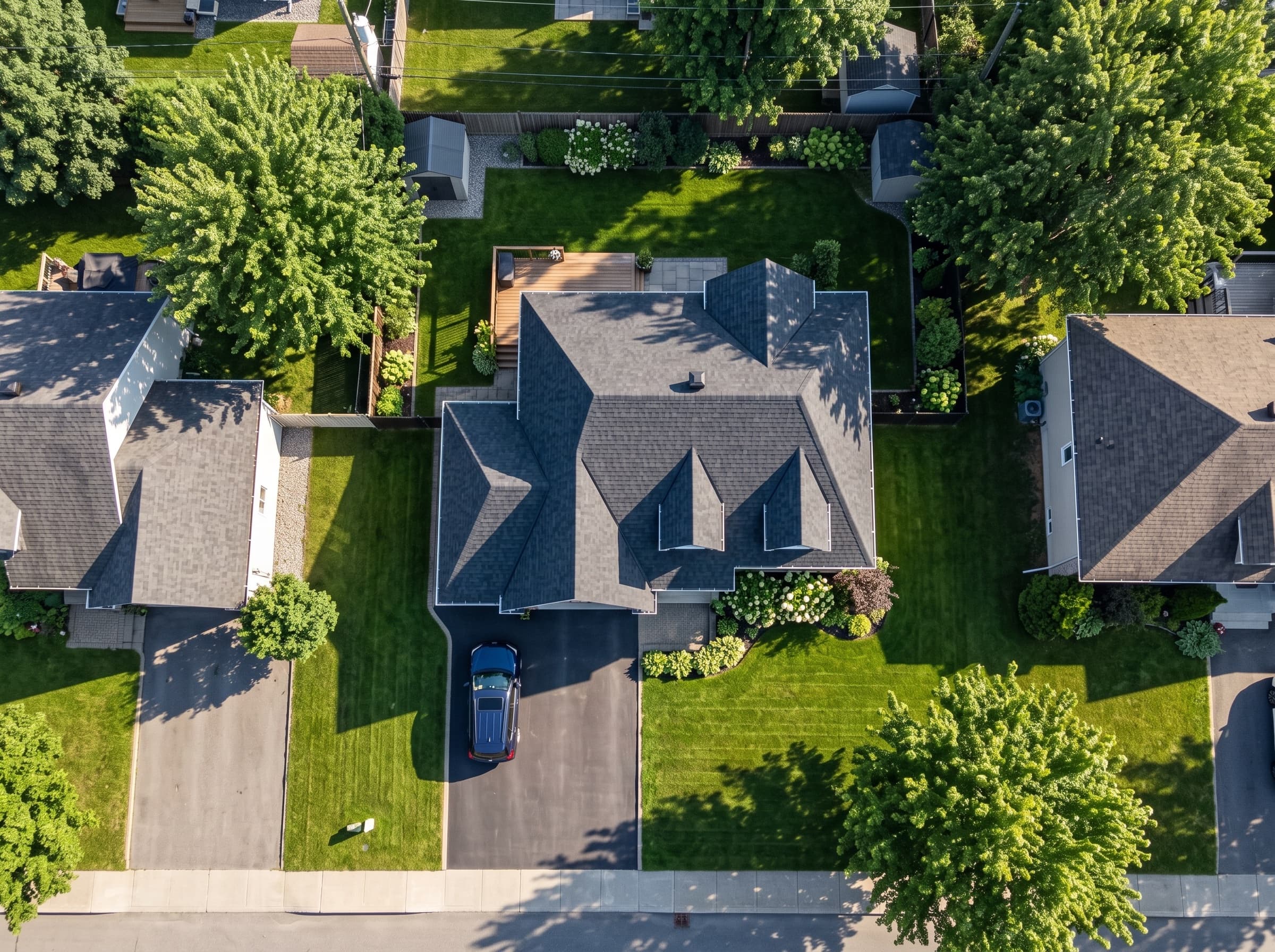 Vue aérienne d'une toiture résidentielle québécoise mesurée par satellite